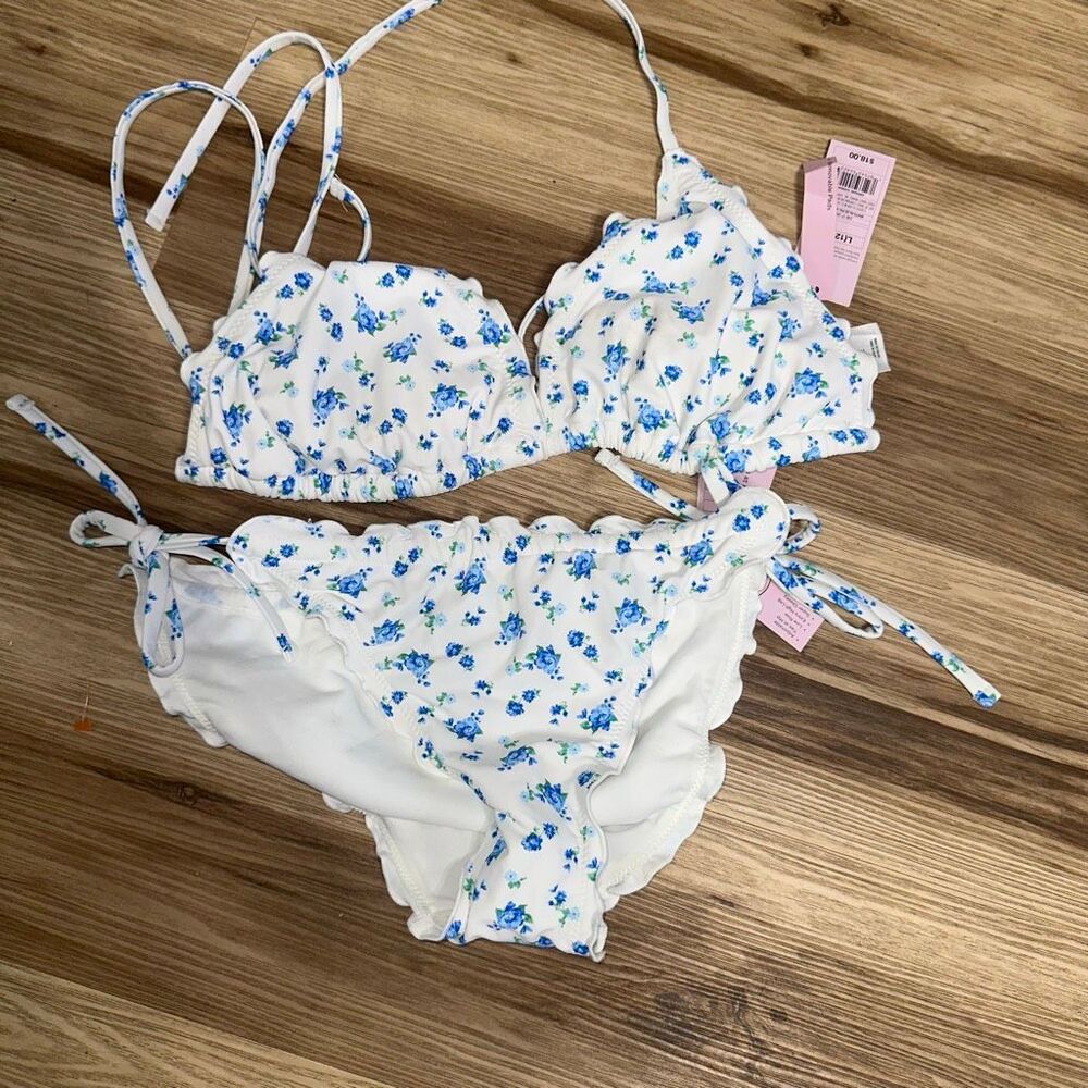 Wild Fable blue floral strappy M/L adjustable ruffled string bikini